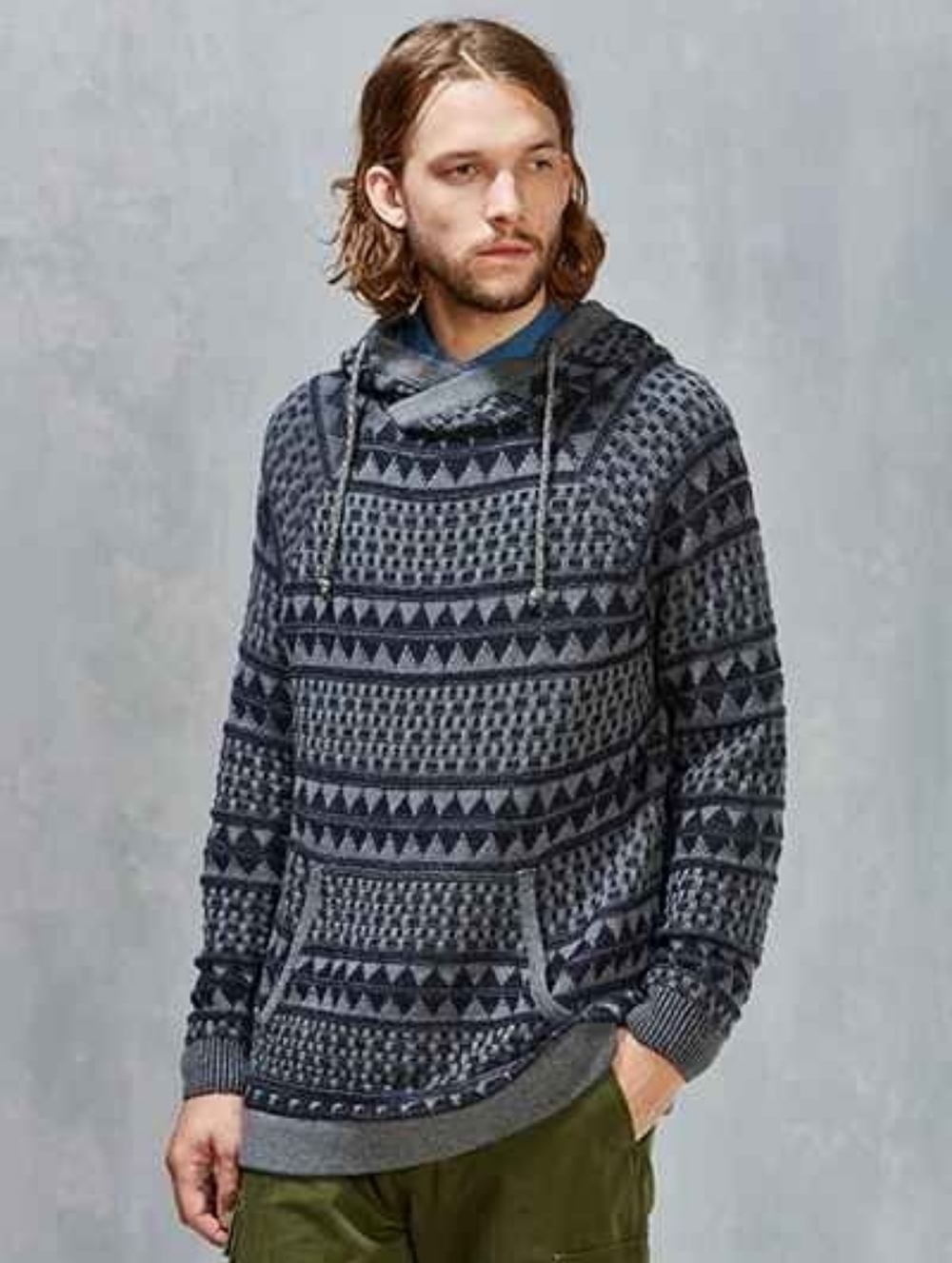 Koto Urban Outfitters Mens XL Geometric Jacquard Knit Hoodie Sweater Boho Aztec